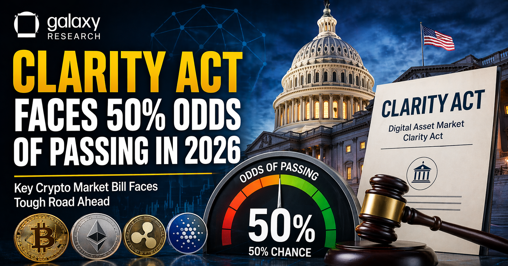 Galaxy Research CLARITY Act Faces 50% Odds of Passing in 2026 — What It Means for Crypto Investors